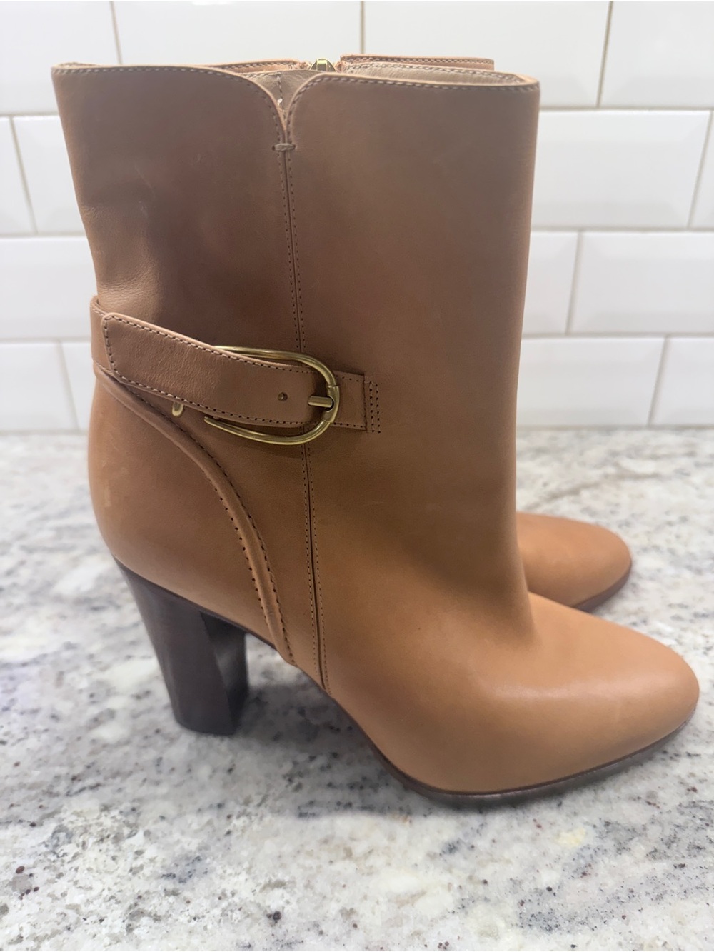 Veronica Beard Camel Leather High Heel Ankle Boot with Gold Buckle - Picture 3 of 4